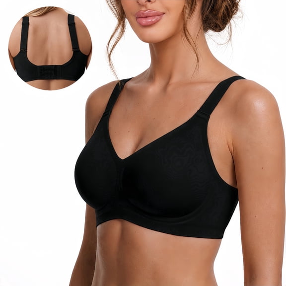Roszoe Wireless Bra, No Underwire Seamless Full Coverage Bra, Comfortable Supportive Tshirt Bralette for Women, Plus Size（Black-L)