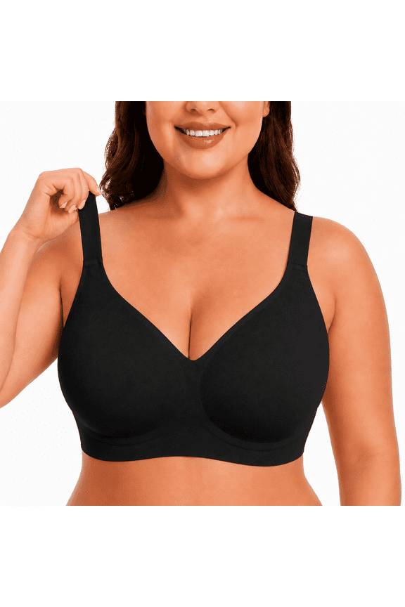 Wireless Bra, No Underwire Seamless Full Coverage Bra, Comfortable Supportive Tshirt Bralette for Women, Plus Size(Black-L)