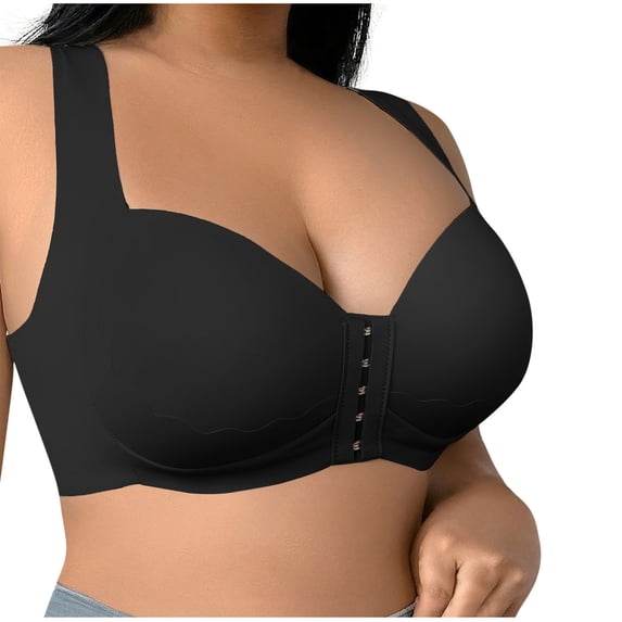 Wireless Bras for Women Plus Size Front Closure Anti Sagging Bralettes Full Coverage Push up Solid Color Everyday Bras (XXL, Black)