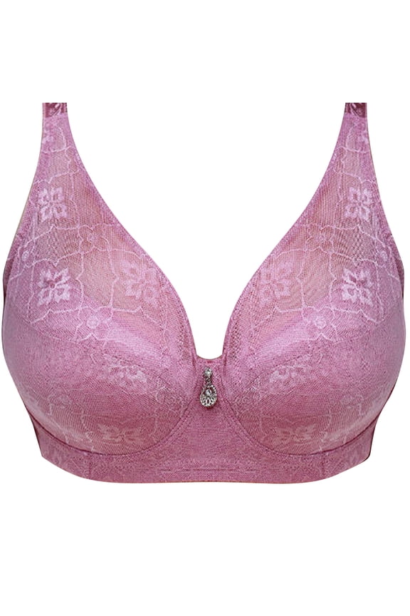 Wireless Bras for Women Plus Size V Neck Full Coverage Lace Minimizer No Underwire Push Up Seamless Comfortable Bra,Purple,46 C