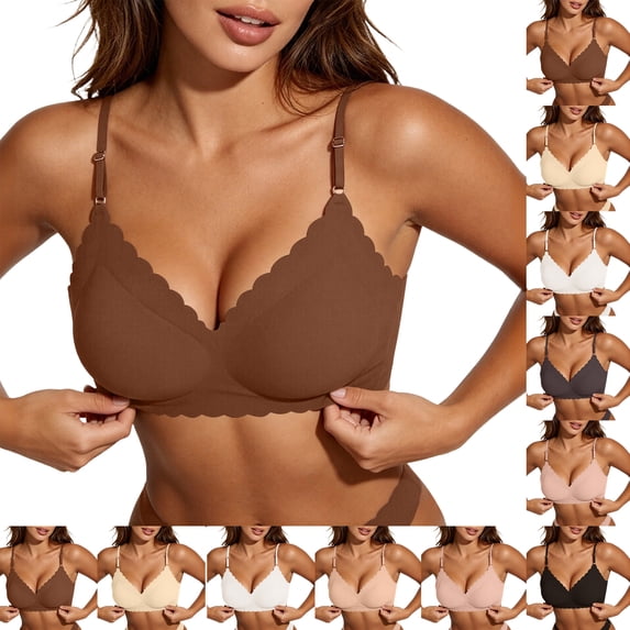 Wireless Bras for Women,Scalloped Edge Soft Support Comfort No Underwire Push Up Bra with Adjustable Thin Straps
