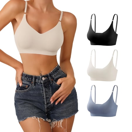Wireless Bras for Women - V Neck Padded Seamless Adjustable Straps Bralettes, Everyday Basic Sleeping Bras, Soft T-Shirt Bra, Multiple Pack