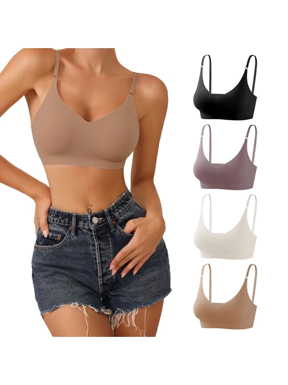 Wireless Bras for Women - V Neck Padded Seamless Adjustable Straps Bralettes, Everyday Basic Sleeping Bras, Soft T-Shirt Bra, Multiple Pack