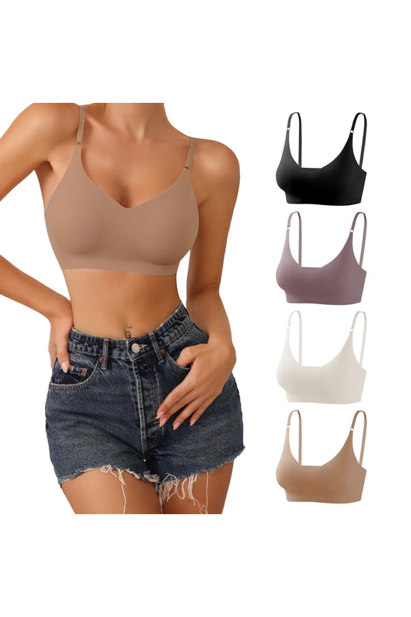Wireless Bras for Women - V Neck Padded Seamless Adjustable Straps Bralettes, Everyday Basic Sleeping Bras, Soft T-Shirt Bra, Multiple Pack