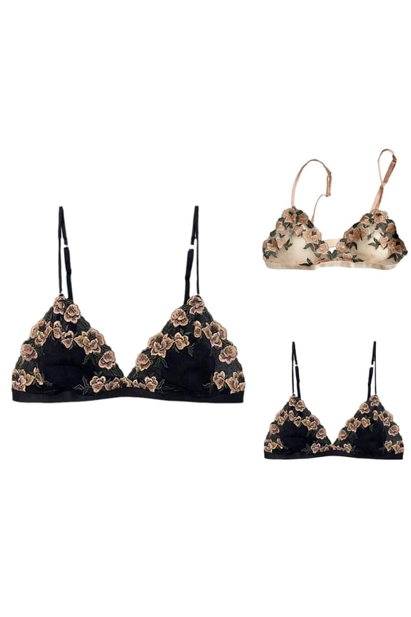Wireless Bras for Women Vintage Floral Embroidery Lightweight Triangle Cup Spaghetti Strap Bralettes