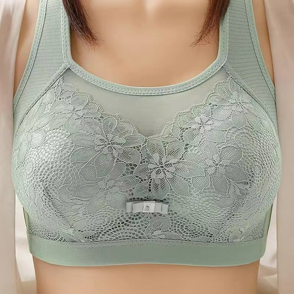 Wireless Bras for Women, Woman's Back Buckle Embroidery Thin Style Ventilate Large Size Bra Without Steel Rim(Green,38/85BC)