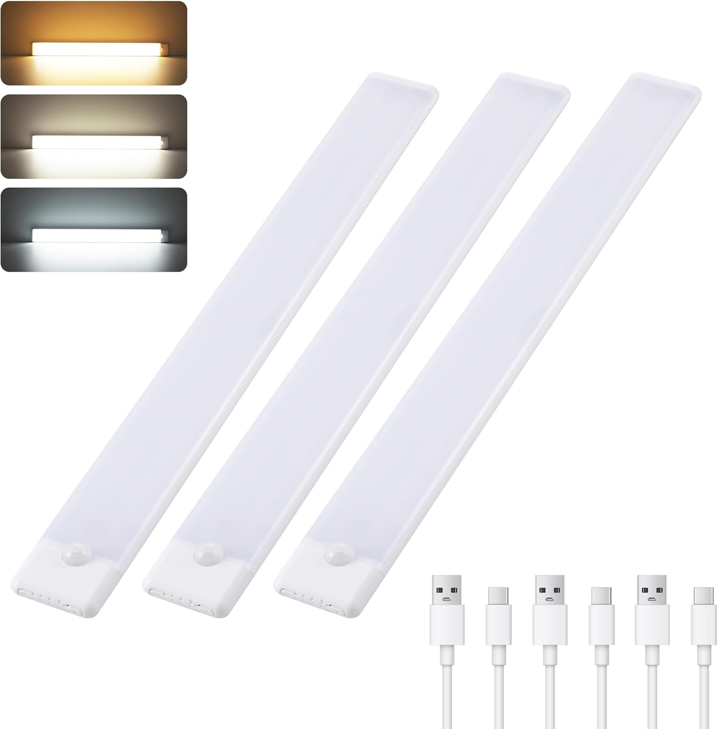 Wireless Under Cabinet Lighting 12 Inch 3 Pack, 1500mAh Magnetic Motion Sensor Light USB C Rechargeable Closet Lights, Color Dimmable LED Night Stick on Counter Lights for Kitchen Stairs