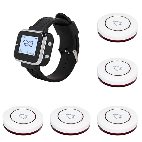 Wireless Calling System 5 Table Call Button Transmitters 1 Watch Pager, Restaurant Waiter Service Bell Buzzer C,1 X watch receiver 5 X call buttons