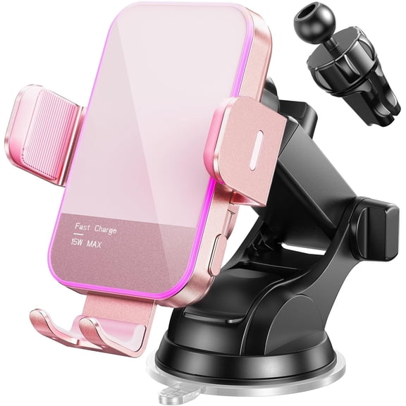 Wireless Car Charger,【7 Colored LED Backlit】 15W Auto Clamping Car Charger Phone Mount Holder fit for iPhone 14 13 12 Mini Pro Max 11 XR XS, Samsung Galaxy S23 Ultra S22 S21+ S10+ Note 20, etc - Pink
