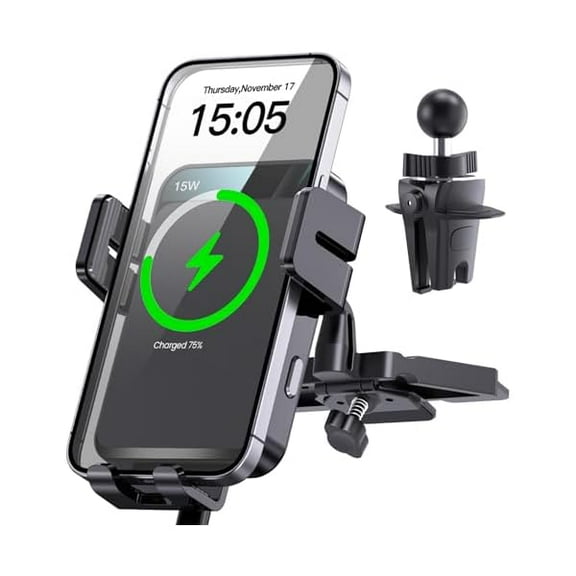Wireless Car Charger, Auto-Clamping Car Mount 15W/10W/7.5W Fast Charging CD Slot Air Vent Car Phone Mount Fit for iPhone 16 15/14/13/13 Pro/12 Pro Max/12 pro/12/11 Series, Samsung Galaxy Series