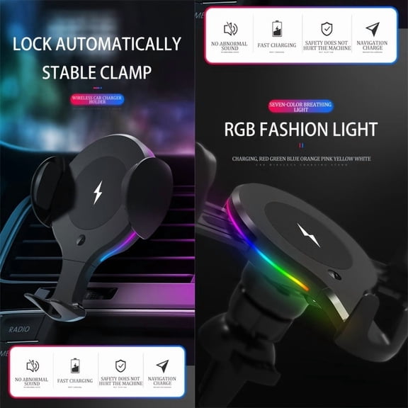 Wireless Car Charger, Fast Charger with Clip Arm & IR Sensor, RBG Light Effect Multi-functional Wireless Charger Dock for iPhone, Samsung & Google Mobile Phones