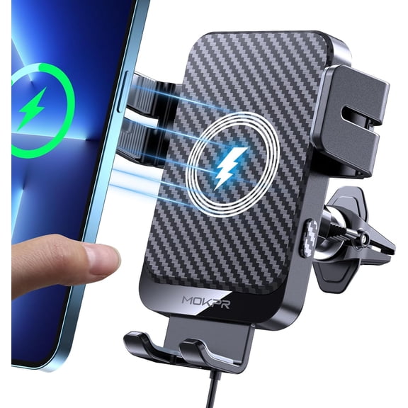 Wireless Car Charger, MOKPR 15W Fast Charging Auto-Clamping Charger Phone Mount Air Vent Cell Holder Compatible iPhone 16/15/14/13/13 Pro/12 pro/12/11, Samsung Galaxy S23/S22/S21/S20, etc