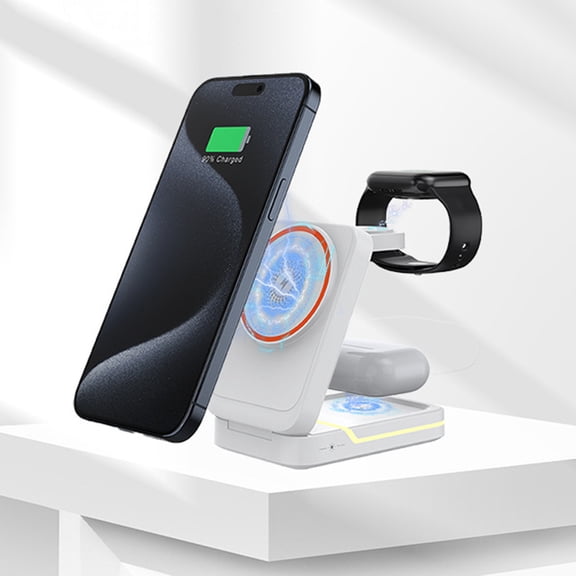Wireless Car Charger, Multi-functional Foldable Wireless Charger for Android and IOS Smart Phones Watches Earphones 3 in 1 Magnetic 15w Wireless Fast Charger with LED Light