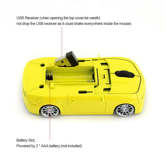 Wireless Car Mouse, 2.4G Optical Mice with LED USB Receiver-Yellow