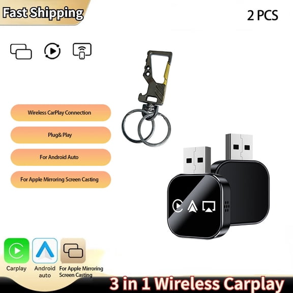 Wireless CarPlay Adapter 2-Pack with Keychain, 2026 Upgrade 3-in-1 Plug & Play, for iPhone iOS Airplay Android, Bluetooth Auto Link, Wired to Wireless Car Screen Mirroring (Apple Only)