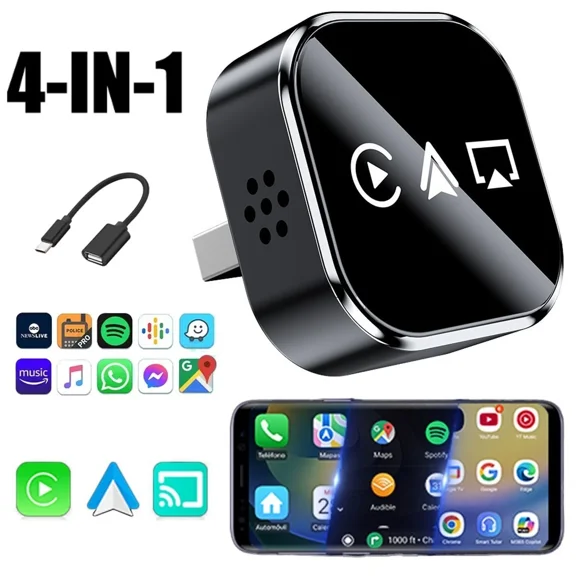 Wireless CarPlay Android Auto Adapter, 4-in-1 Wired to Wireless Adapter with 2.4/5GHz WiFi Bluetooth 5.0, Plug & Play, Screen Mirroring for Compatible Vehicles 2016+