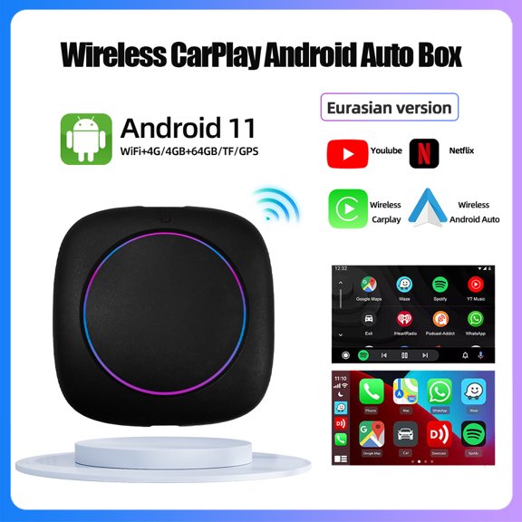 Wireless CarPlay Android Auto Adapter Box Android 11 4+64GB GPS 4G WiFi Streaming Netflix YouTube 8-Core HCT05