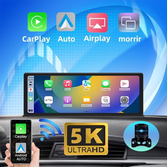 Wireless CarPlay Dash Cam 5K Front and 1080P Rear, 11.3 Inch Display, 128GB, Android Auto, WiFi, AirPlay, Night Vision