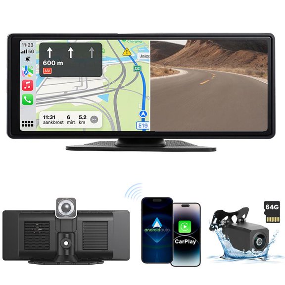 Wireless CarPlay Screen 10.26 Inch with 4K Dash Cam & Rear Camera, IPS HD Display, CarPlay & Android Auto, Bluetooth, FM/AUX, Universal Dashboard Monitor for All Vehicles