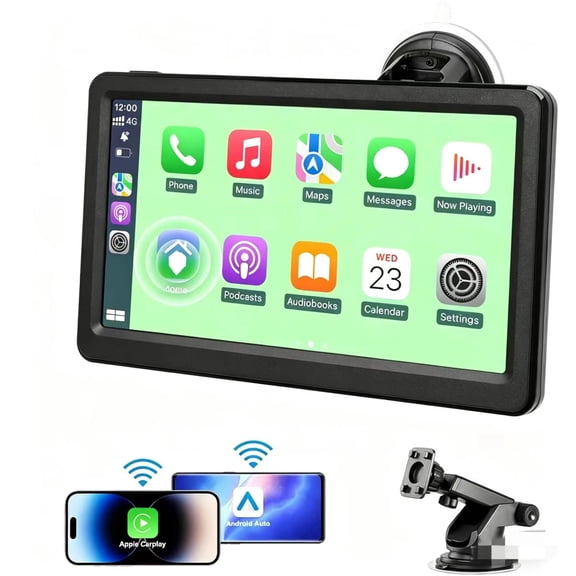 Wireless CarPlay car screen, 7-inch HD touchscreen portable car stereo, compatible with CarPlay and Android Auto. Built with Bluetooth, AUX port, FM transmitter and voice control functions.