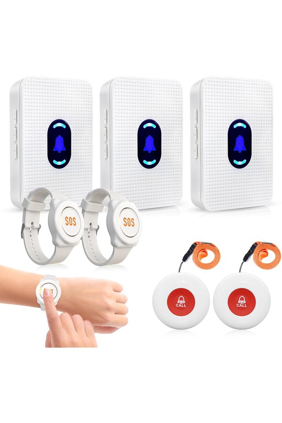 Wireless Caregiver Pager Call Button Elderly Nurse Alert System for Elderly Monitoring/Seniors with 2 SOS Call Panic Buttons & 2 Watch Pagers, 500+Feet 3 Receivers
