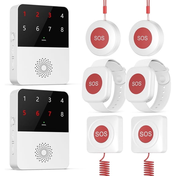 Wireless Caregiver Pager Call Button System for Elderly,Number 1-8 Display Receiver No Monthly Fees, Emergency Panic Alert for Elderly, Patients at Home, Nursing Care (White 2+2+2+2)
