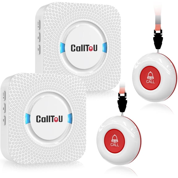 Wireless Caregiver Pager Smart Call System 2 SOS Call Buttons/Transmitters 2 Receivers Nurse Calling Alert Patient Help System for Home/Personal Attention Pager 500+Feet Plugin Receiver