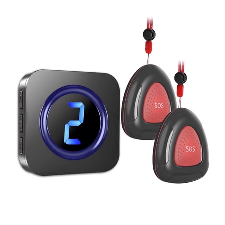 Wireless Call Button System Black, 2 SOS Buttons 1 Receiver, LED Display, 300m Range, Plug-in Receiver