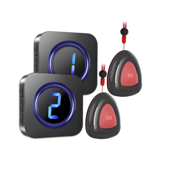 Wireless Caregiver Pager System Black, 2 SOS Buttons 2 Receivers, Digital Display Call Bell for Elderly, 300m Range, Plug-in Alert System