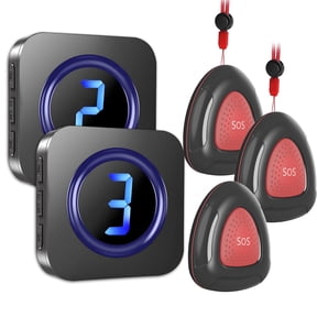 Wireless Caregiver Pager System Black, 3 SOS Buttons 2 Receivers, Digital Display Call Bell, 300m Range, Home Care Alert System