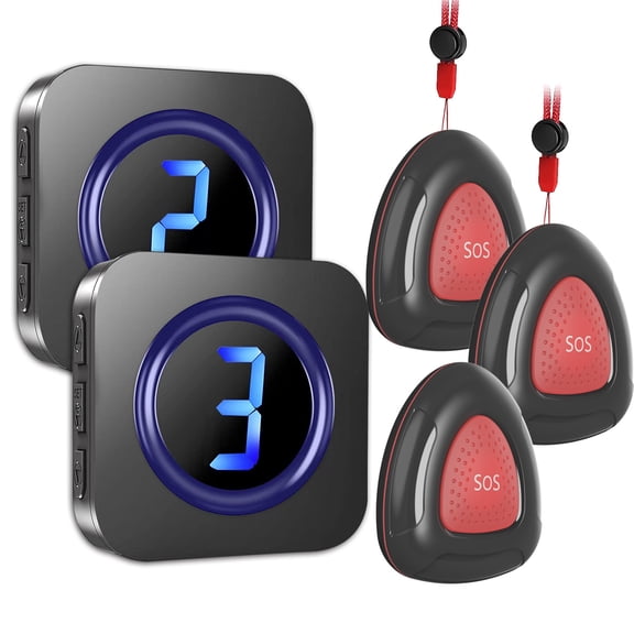 Wireless Caregiver Pager System Black, 3 SOS Buttons 2 Receivers, Digital Display Call Bell, 300m Range, Home Care Alert System