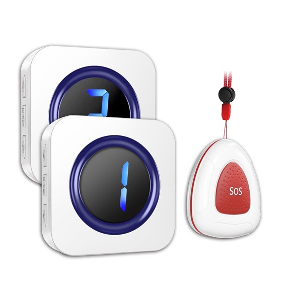 Wireless Caregiver Pager System White, 1 SOS Button 2 Receivers, Digital Display Call Bell for Seniors, 300m Range, Plug-in Alert System