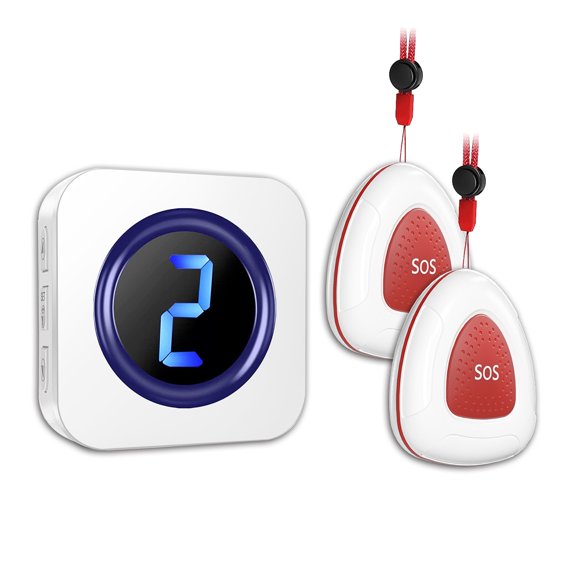 Wireless Caregiver Pager System White, 2 SOS Buttons 1 Receiver, Digital Display Call Bell for Seniors, 300m Range, Plug-in Alert System