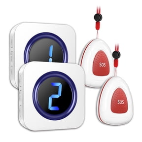 Wireless Caregiver Pager System White, 2 SOS Buttons 2 Receivers, Digital Display Call Bell, 300m Range, Home Alert System