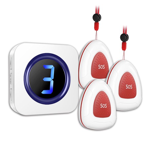 Wireless Caregiver Pager System White, 3 SOS Buttons 1 Receiver, Digital Display Call Bell, 300m Range, Emergency Alert System