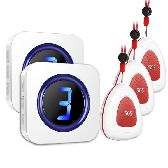 Wireless Caregiver Pager System White, 3 SOS Buttons 2 Receivers, Digital Display Call Bell, 300m Range, Home Care Alert System