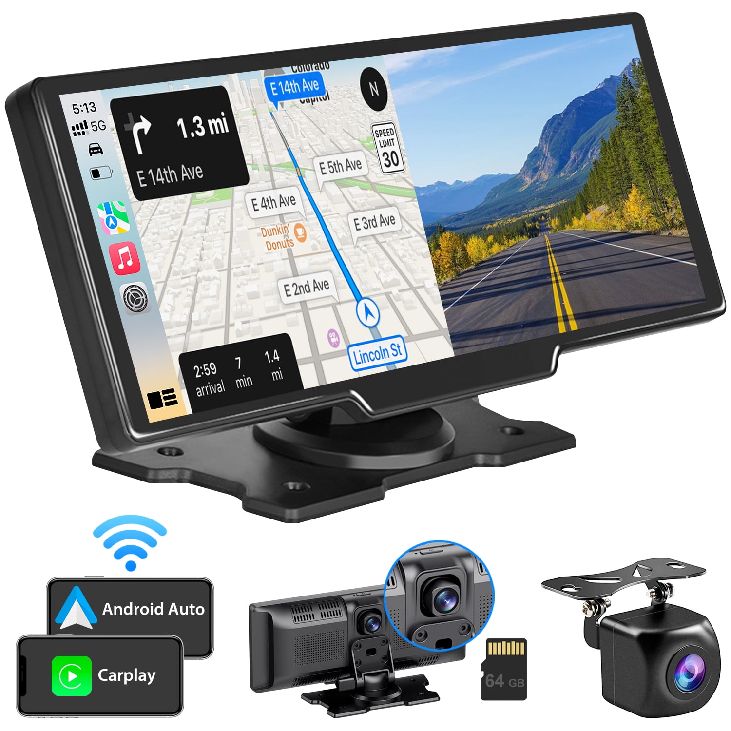Wireless Carplay Android Auto Portable Car Stereo, 64G SD Card, 2.5K Dash  Cam, Backup Camera, Bluetooth, GPS Navigation Car Radio, Bluetooth/FM