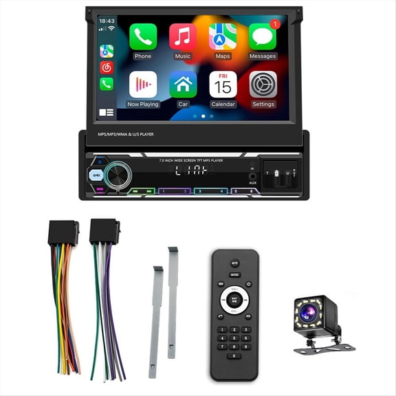 Wireless Carplay Android Auto Single Din Radio, 7 Inch Manual Foldable Car Stereo with Backup Camera, Mirror Link/AM/FM,1x Single Din Car Radio 1x Backup Camera 1x Remote Control,Black