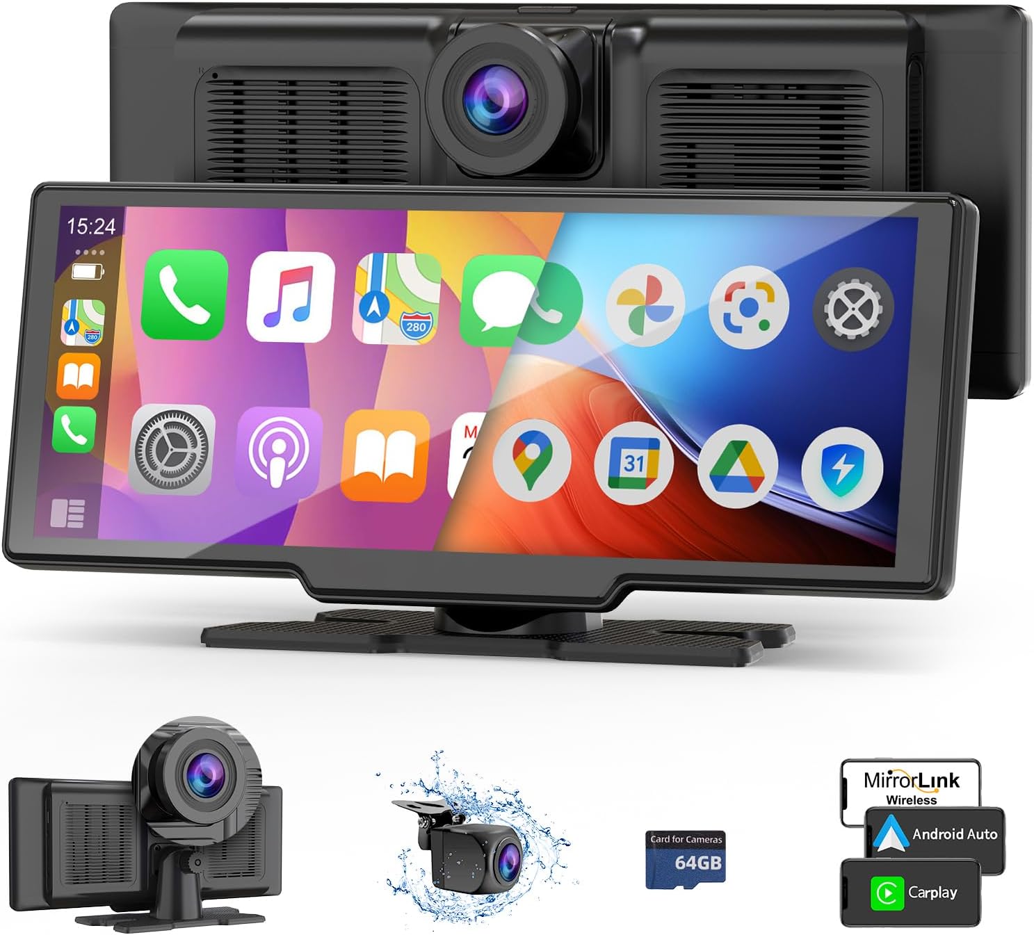 Wireless Carplay Screen for Car, 1080P Backup Camera 4K Dashcam, 10