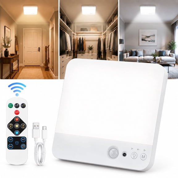 Wireless Ceiling Light, Rechargeable Motion Sensor Ceiling Light with Remote, Magnetic Mount for Storage Room, Garage, Bathroom, Stairs, Doorway