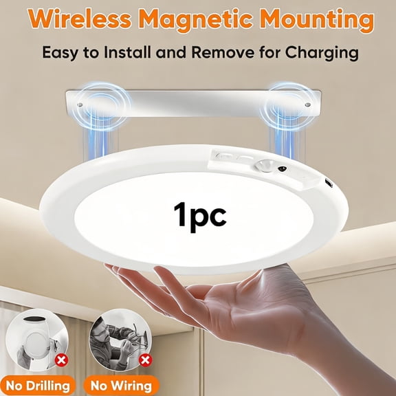 Wireless Ceiling Light with Motion Sensor, Rechargeable 400LM Dimmable LED Light, White