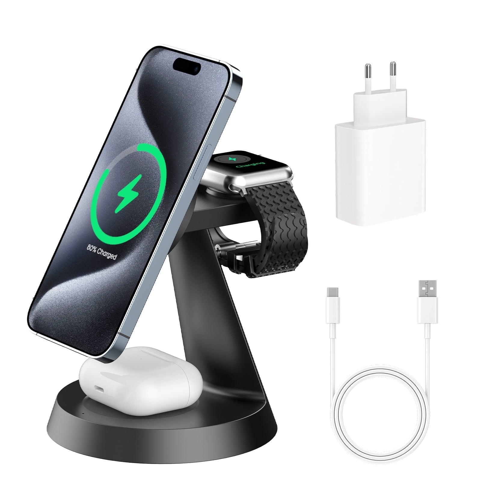 3 in 1 Wireless Charging Station, 2025 Upgraded Fast Desk Charger Station for iPhone 16 15 14 13 12 Pro Max Plus, Charger Stand for Apple Watch 10 9 8 7 6 5 4 3 2 SE, Airpods 4 3 2 Pro, Black