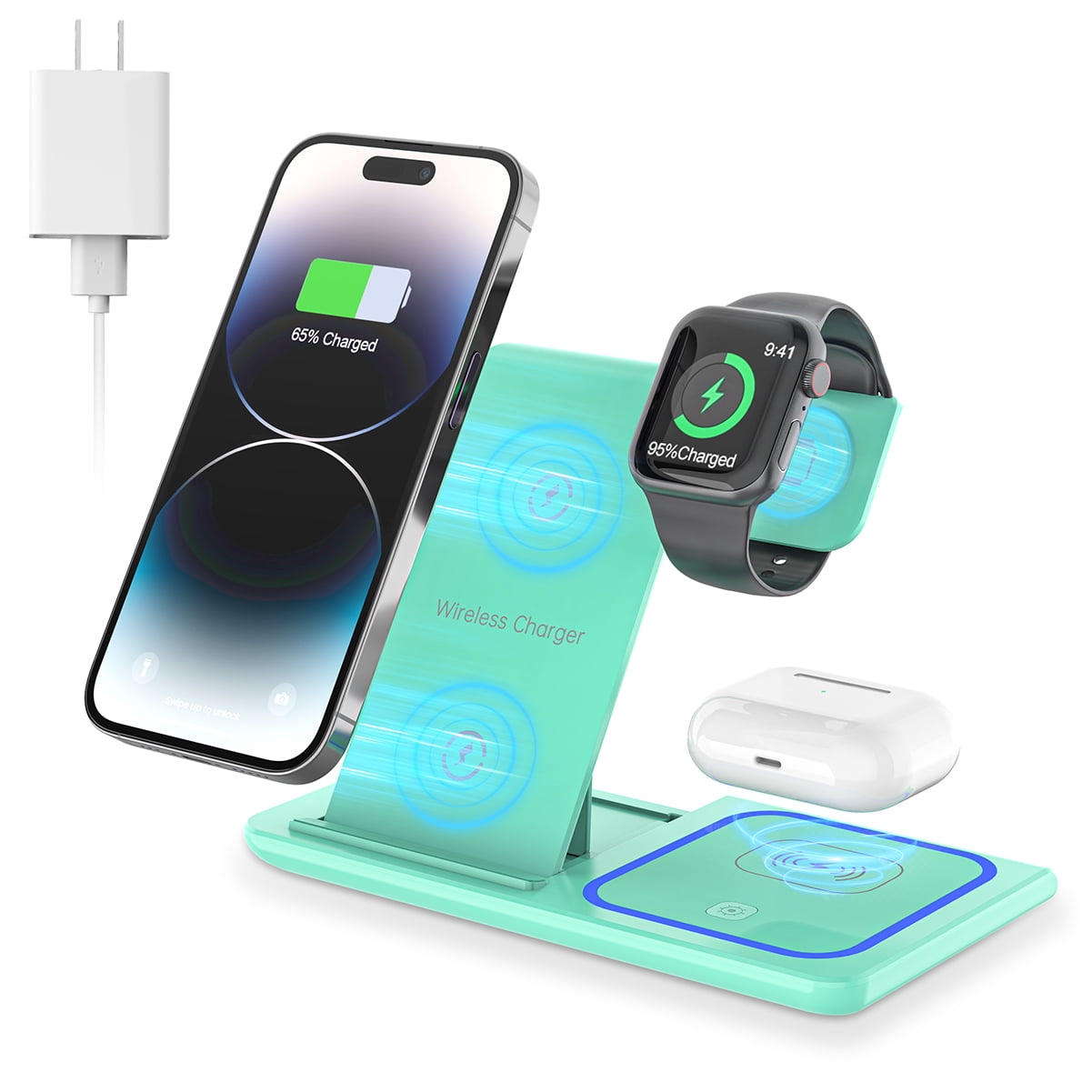 Wireless Charger, 18W 3 in 1 Charging Station for iPhone 14/13/12/11/Pro/XS/XS Max/XR/X/SE, Fast Wireless Charging Dock Foldable for Watch 8/7/6/SE/5/4/3/2, AirPods 3/2/Pro with Adapter(Green)