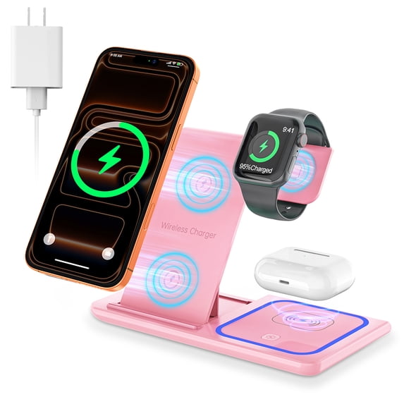 Cshidworld Wireless Charger, 18W 3 in 1 Wireless Charging Station for iPhone 17 16e 15 14 13 12 Pro, Fast Charger Stand for iWatch SE 9-11 6-8 2-5, AirPods 4/3/2/Pro, Samsung Galaxy Seires (Pink)