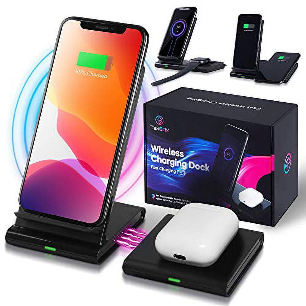Wireless Charger 2 in 1 - Dual Fast Charging Stand & Pad Station - 10W Max for Qi Devices, iPhone 12/11/X/8 (Pro, Pro Max, Mini), Samsung Galaxy S21/S20/S10/S9/Note, Google Pixel, LG - No Adapter