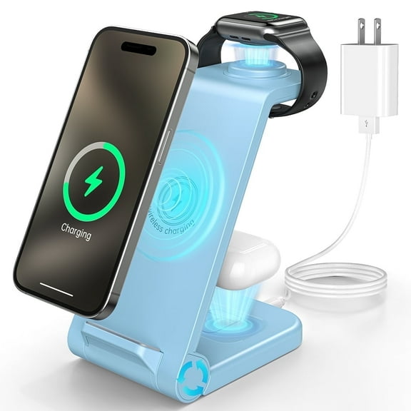 Cshidworld Wireless Charger, 3 in 1 Charging Station, 23W Fast Charging Dock for iPhone 17/16e/15/14/13/12/11 Pro Max, AirPods 4/3/2/Pro, iWatch Series 2-11, Samsung Charger Stand (Blue)