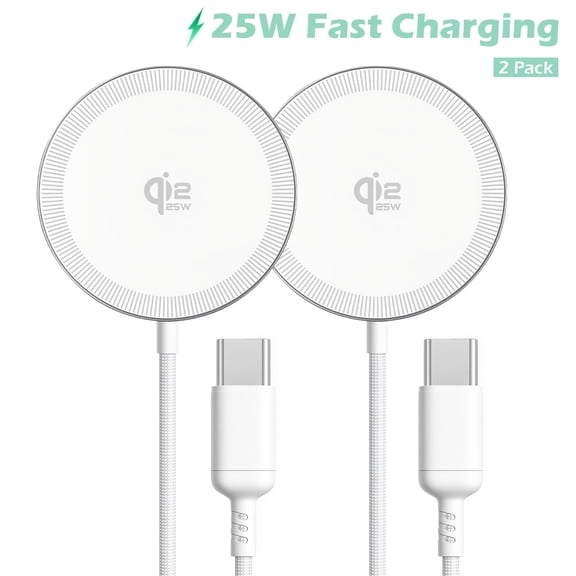 Wireless Charger, 25W Magnetic Charging Pad for iPhone 17 16 15 13 14 12 Series, Phone Charger for AirPods 4 3 2, Ideal for Travel Home Office, White(2 Pack)