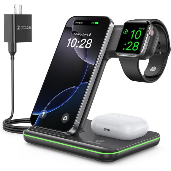 Wireless Charger 3 in 1, 15W Fast Charging Station for Watch 10/9/8/Ultra 2/Ultra/SE/7/6/5/4/3/2, AirPods 4/3/2/Pro iPhone 16/15/14/13 /Plus/Pro/Pro Max/12/11(Black)