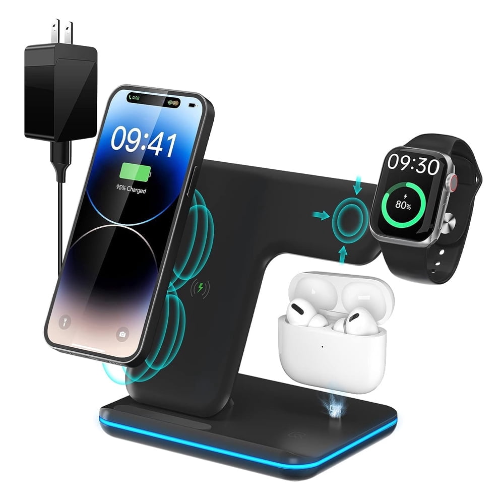 Wireless Charger 3 in 1 Charging Station for Apple: Wireless Phone Stand for iPhone 15/14/13/12/11/Pro/Max/XS/XR/X/8/Plus-Fast Charger Stand for Apple Watch S9-S2 and AirPods,Black