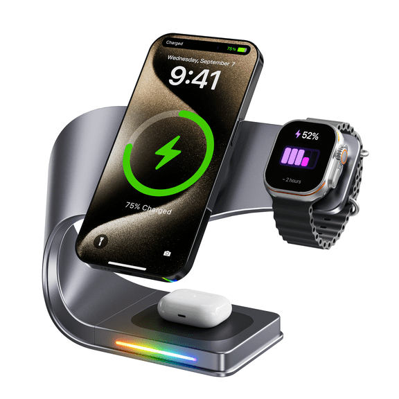 Wireless Charger, 3 in 1 Fast Charging Station for iPhone 15/14/13/12, Apple Watch, AirPods, 15W Magnetic Foldable Charging Dock, Portable Qi Wireless Charger Stand for Home, Office, Travel